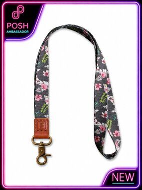 NEW Floral Lanyard With Metal Clasp & Genuine Leather Wrist Strap